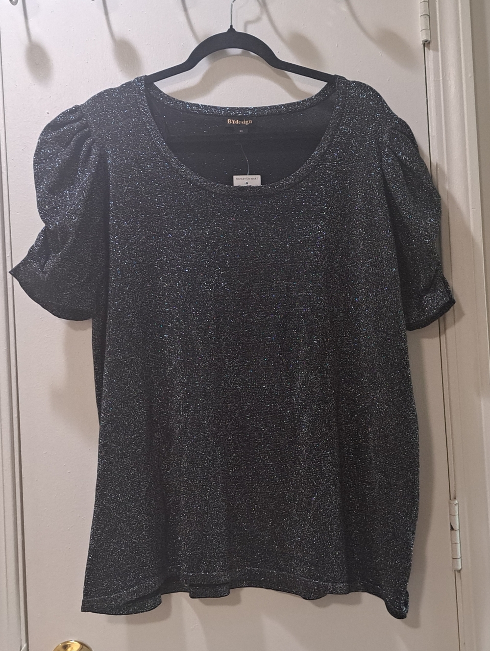 Ashley Stewart Black Shimmer Puff-Sleeve Top